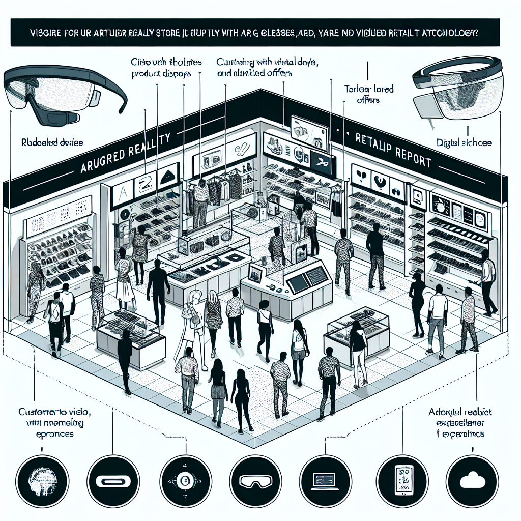 A futuristic retail store interior with augmented reality (AR) features, where customers using AR glasses or mobile devices interact with virtual product displays, personalized offers, and digital signage. The store should be modern, with a diverse group of people engaging with the AR technology in a vibrant and innovative retail environment.