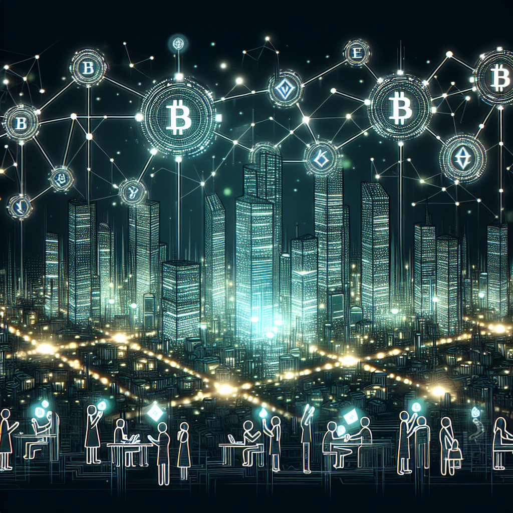 A futuristic cityscape with glowing buildings, digital currency symbols floating in the air, a blockchain network visualized with interconnected nodes and pathways, people using digital devices to make transactions, and a transparent digital layer overlay showing secure transactions, representing the future of digital transactions.