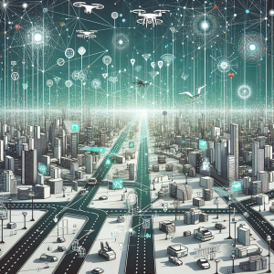 A futuristic cityscape where digital data flows visually through the air, connecting various smart devices like drones, streetlights, and autonomous vehicles, amidst a vibrant urban environment. Include abstract elements symbolizing data processing and edge computing at the network's edge.