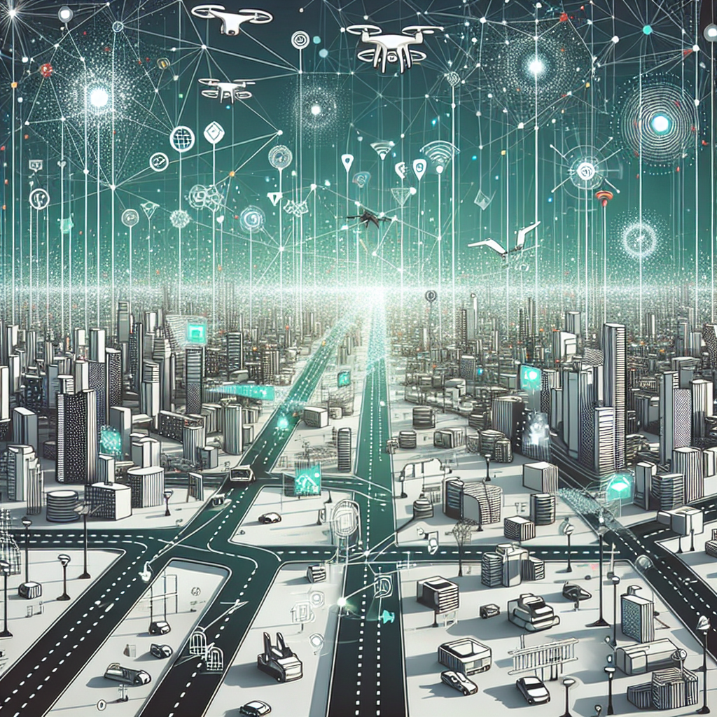 A futuristic cityscape where digital data flows visually through the air, connecting various smart devices like drones, streetlights, and autonomous vehicles, amidst a vibrant urban environment. Include abstract elements symbolizing data processing and edge computing at the network's edge.