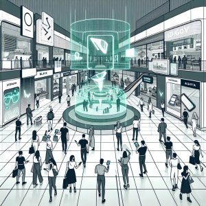Create an image of a futuristic shopping mall where customers are using augmented reality (AR) devices to interact with 3D holographic advertisements and product displays. The scene is vibrant and bustling with diverse people, showcasing how AR enhances the shopping experience.