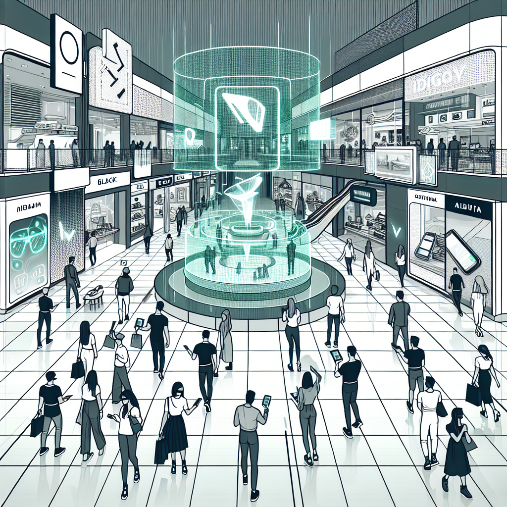 Create an image of a futuristic shopping mall where customers are using augmented reality (AR) devices to interact with 3D holographic advertisements and product displays. The scene is vibrant and bustling with diverse people, showcasing how AR enhances the shopping experience.