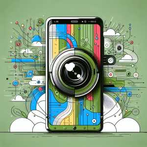 "A futuristic smartphone with a high-tech camera, enhanced by artificial intelligence, capturing stunningly detailed and vibrant photos, set against a dynamic and colorful background."