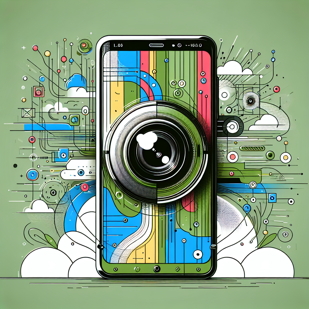"A futuristic smartphone with a high-tech camera, enhanced by artificial intelligence, capturing stunningly detailed and vibrant photos, set against a dynamic and colorful background."