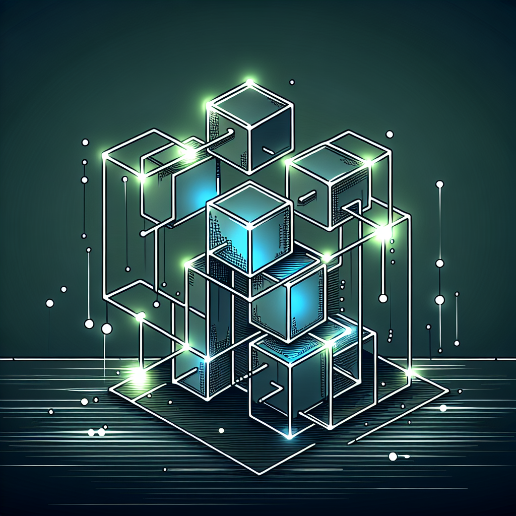 "An abstract representation of a digital blockchain with interconnected data blocks and chains, glowing with blue and green hues, symbolizing secure and decentralized data storage in a futuristic and technological style."
