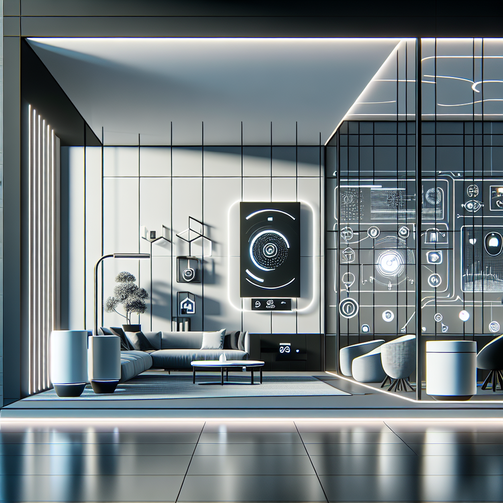 A modern smart home interior featuring sleek, futuristic design elements, advanced technology gadgets, automated lighting, voice-controlled devices, and a minimalist aesthetic, showcasing a stylish and contemporary lifestyle.