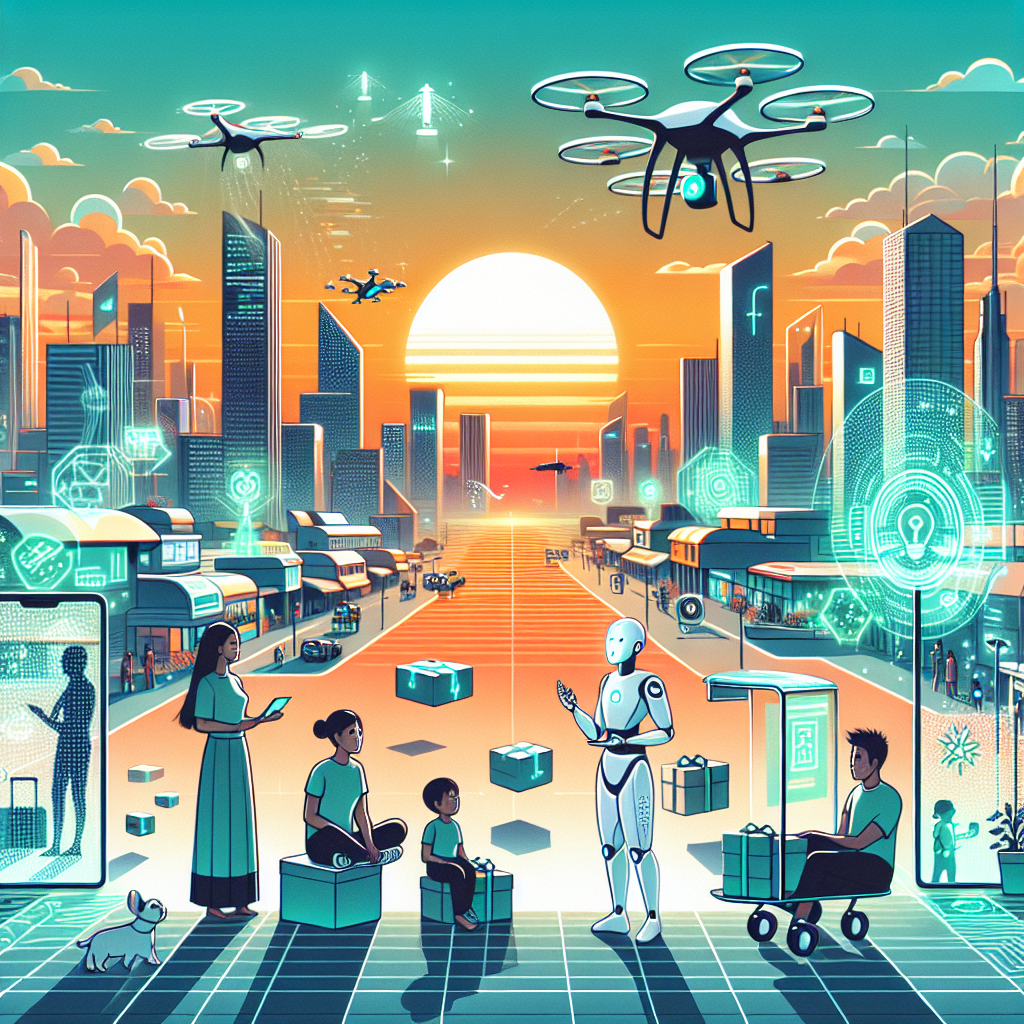 A futuristic cityscape featuring cutting-edge AI technology, with robotic assistants helping people, autonomous drones delivering packages, and smart holographic displays showcasing innovative startup ideas revolutionizing daily life, all set at sunset with a vibrant and inspiring atmosphere.
