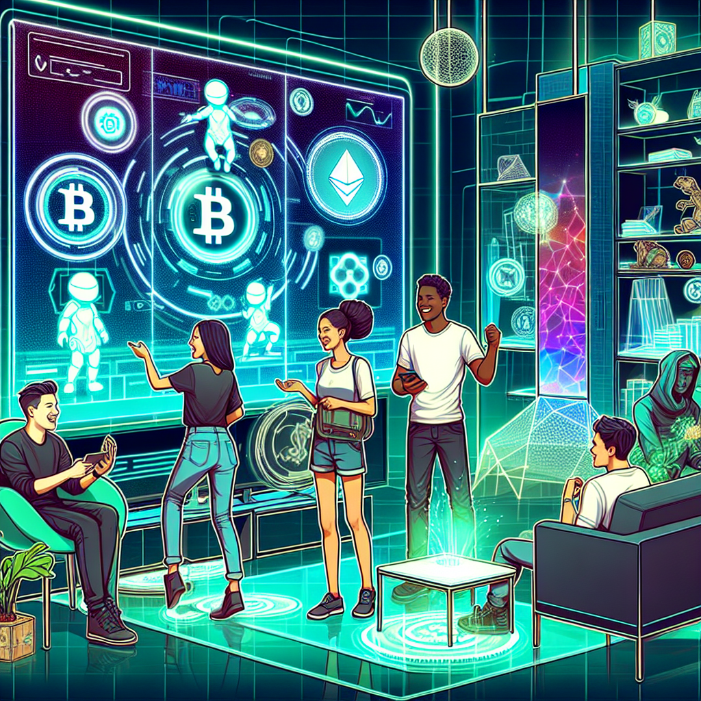 A vibrant and futuristic digital scene depicting a group of millennials engaging in an immersive NFT-based game. The setting is a stylish, modern living space filled with holographic technology and futuristic gadgets. The young adults, diverse in appearance, are excitedly interacting with NFT characters displayed on large transparent screens. The room is adorned with digital artwork and tokens, capturing the essence of the NFT world. Bright colors and a sense of community and innovation permeate the scene, reflecting the millennial trend of gaming in the NFT ecosystem.