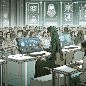 Illustration of a futuristic digital classroom where a teacher is using advanced AI tools to create simple animations on a computer. The setting should be modern, with sleek, high-tech gadgets and holographic screens displaying various stages of animation. Include diverse students interacting with the technology, showcasing a collaborative and innovative environment.