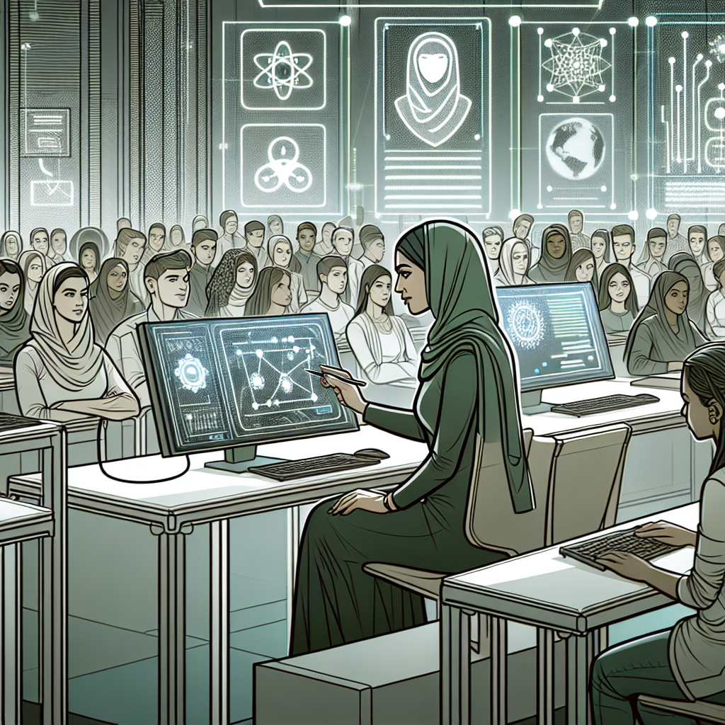 Illustration of a futuristic digital classroom where a teacher is using advanced AI tools to create simple animations on a computer. The setting should be modern, with sleek, high-tech gadgets and holographic screens displaying various stages of animation. Include diverse students interacting with the technology, showcasing a collaborative and innovative environment.